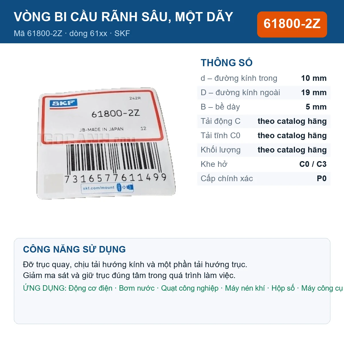 Vòng bi SKF 61800-2Z — kích thước 10x19x5mm