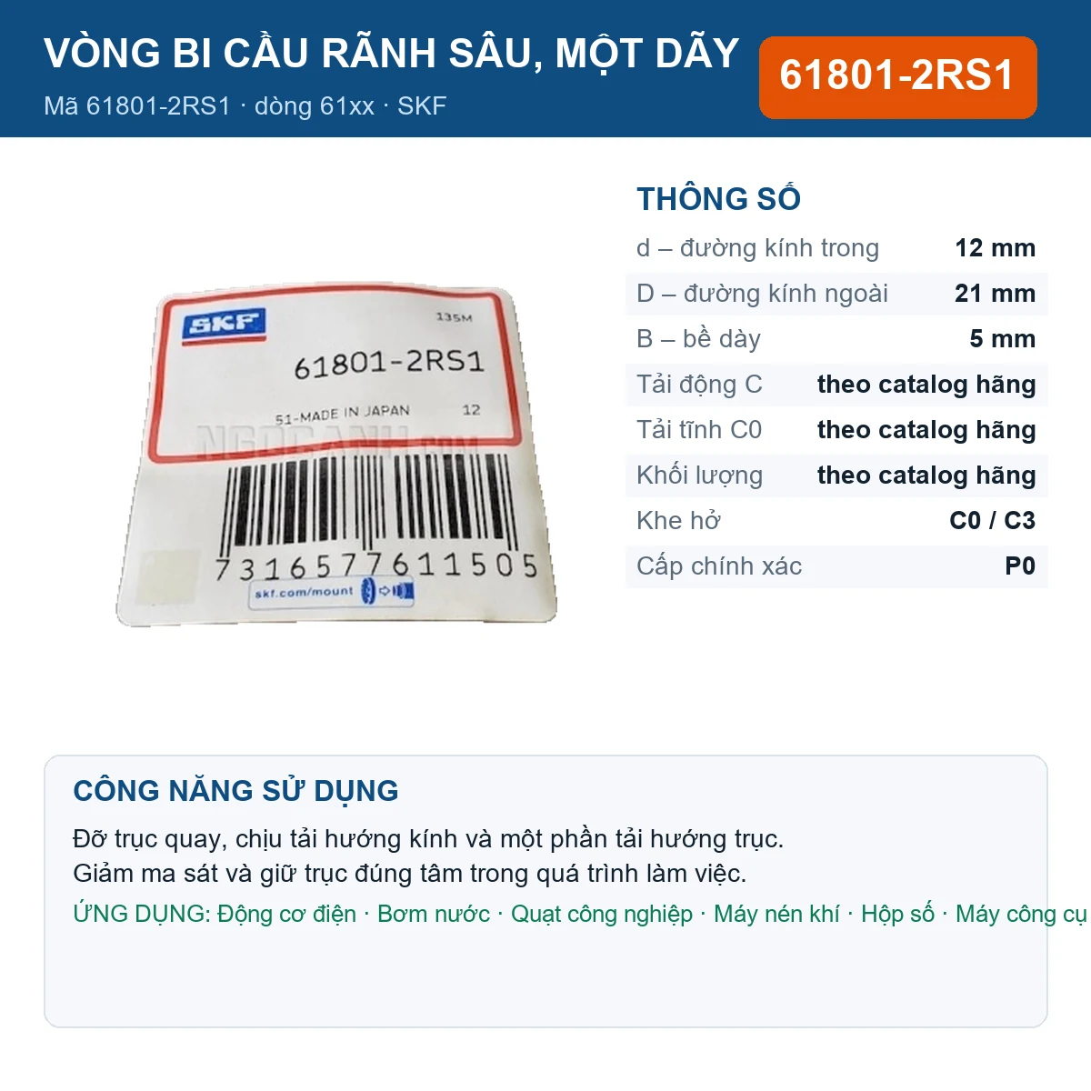 Vòng bi SKF 61801-2RS1 — kích thước 12x21x5mm