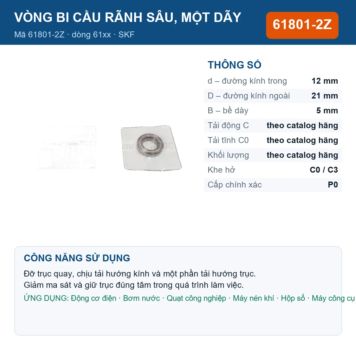 Vòng bi SKF 61801-2Z — kích thước 12x21x5mm