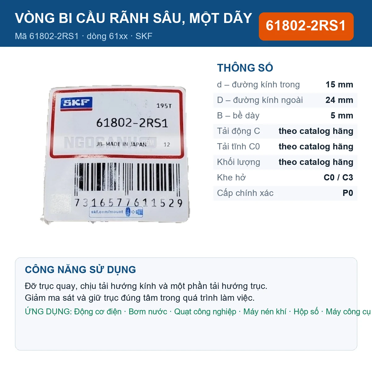 Vòng bi SKF 61802-2RS1 — kích thước 15x24x5mm