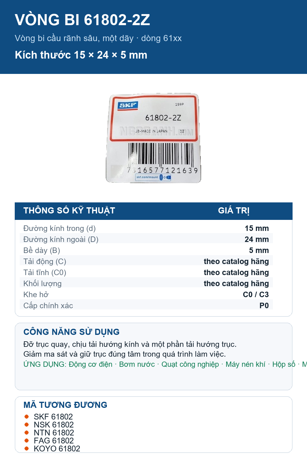 Vòng bi SKF 61802-2Z 15x24x5mm — Ảnh thông số (Pinterest)