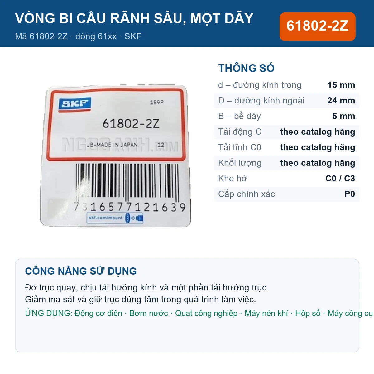 Vòng bi SKF 61802-2Z — kích thước 15x24x5mm