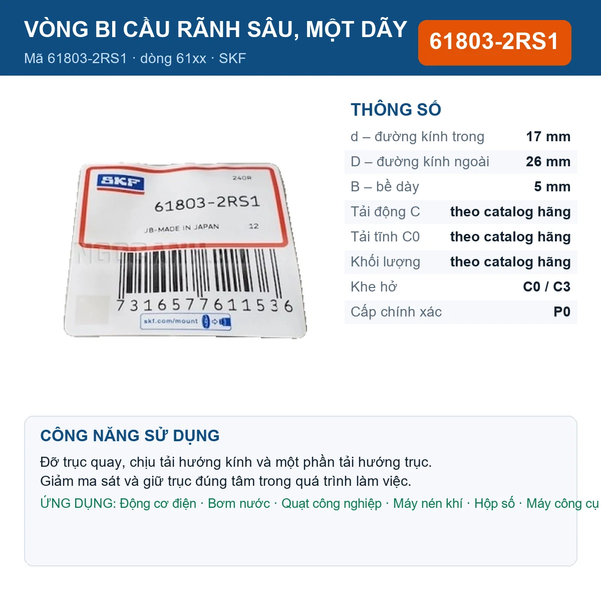 Vòng bi SKF 61803-2RS1 — kích thước 17x26x5mm