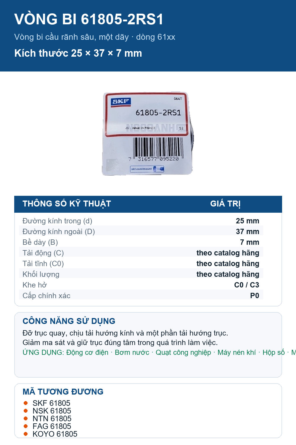 Vòng bi SKF 61805-2RS1 25x37x7mm — Ảnh thông số (Pinterest)