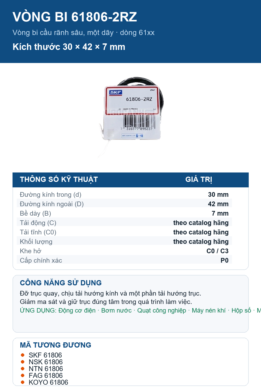 Vòng bi SKF 61806-2RZ 30x42x7mm — Ảnh thông số (Pinterest)