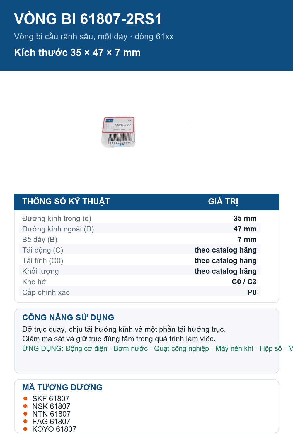 Vòng bi SKF 61807-2RS1 35x47x7mm — Ảnh thông số (Pinterest)