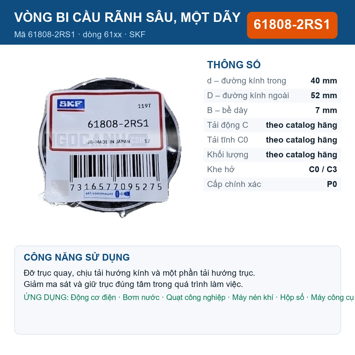 Vòng bi SKF 61808-2RS1 — kích thước 40x52x7mm
