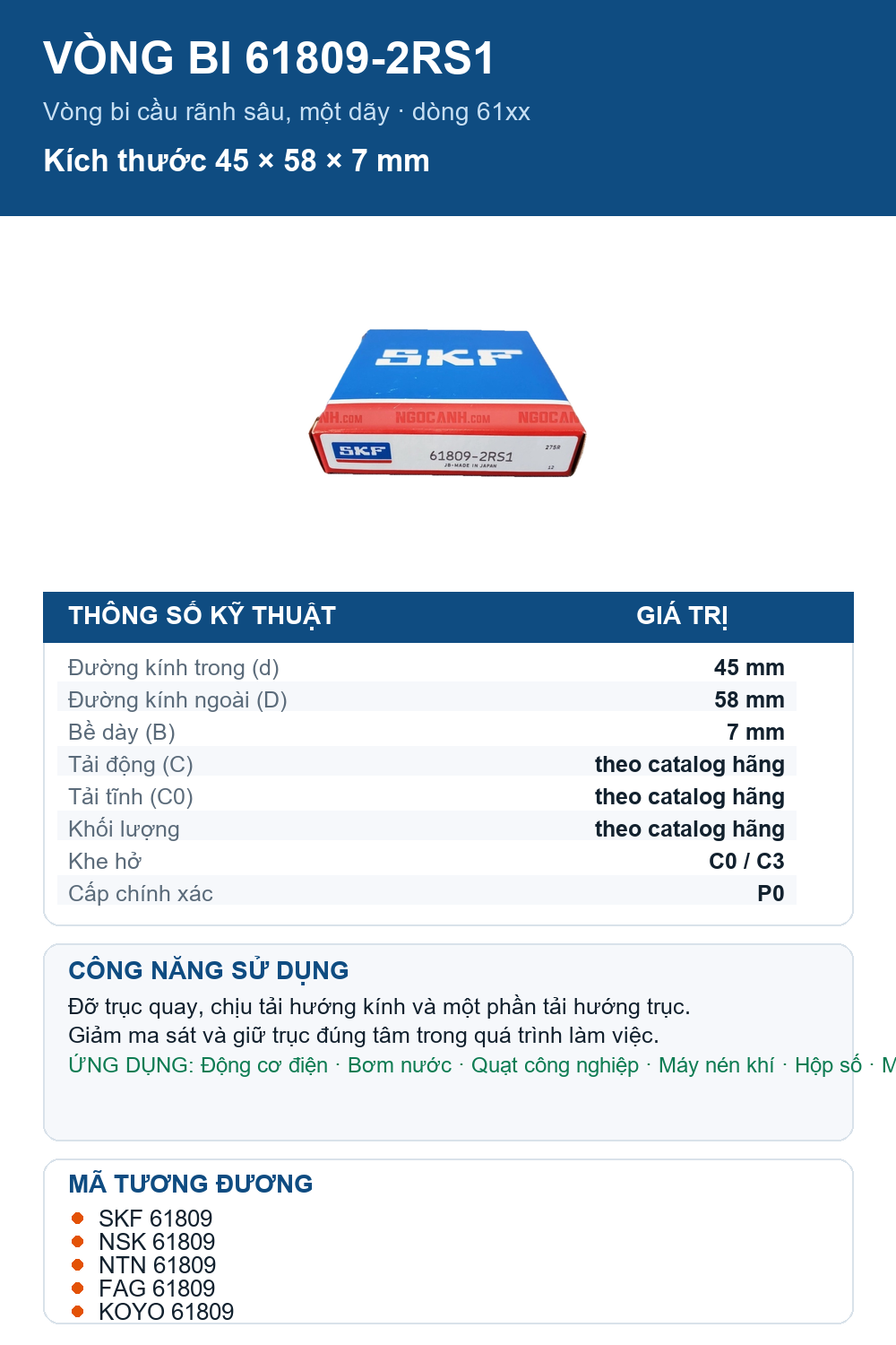 Vòng bi SKF 61809-2RS1 45x58x7mm — Ảnh thông số (Pinterest)