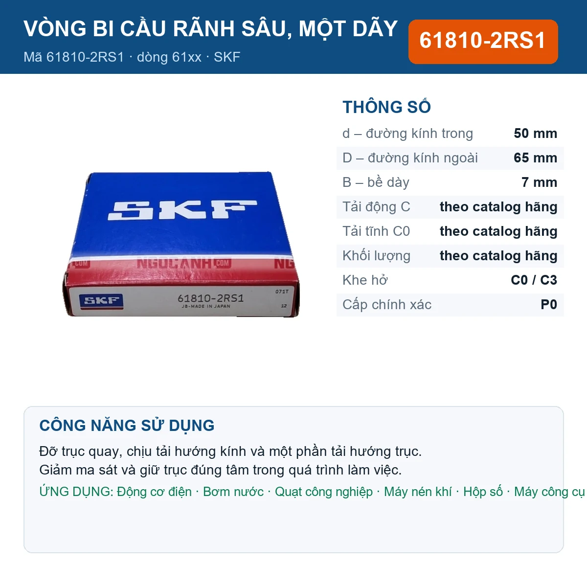 Vòng bi SKF 61810-2RS1 — kích thước 50x65x7mm