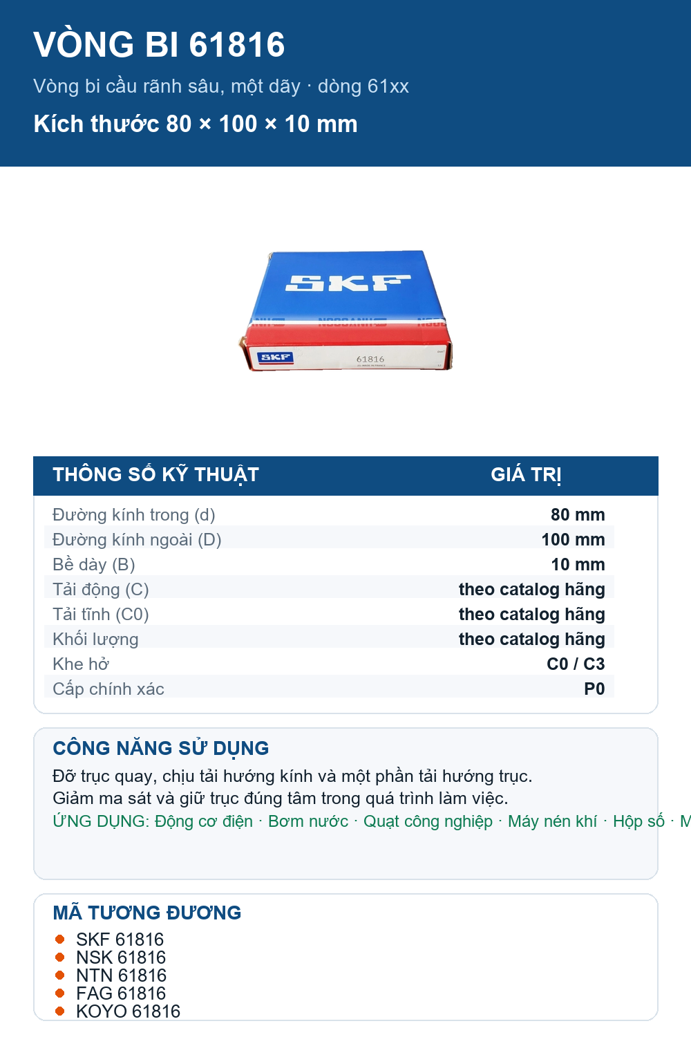 Vòng bi SKF 61816 80x100x10mm — Ảnh thông số (Pinterest)