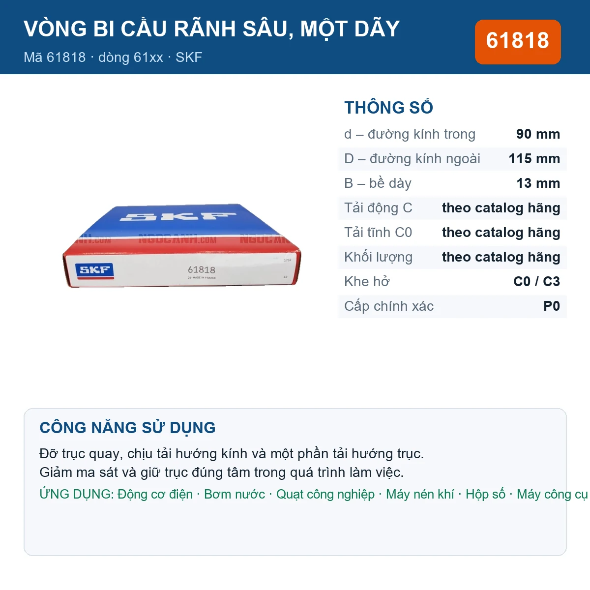 Vòng bi SKF 61818 — kích thước 90x115x13mm