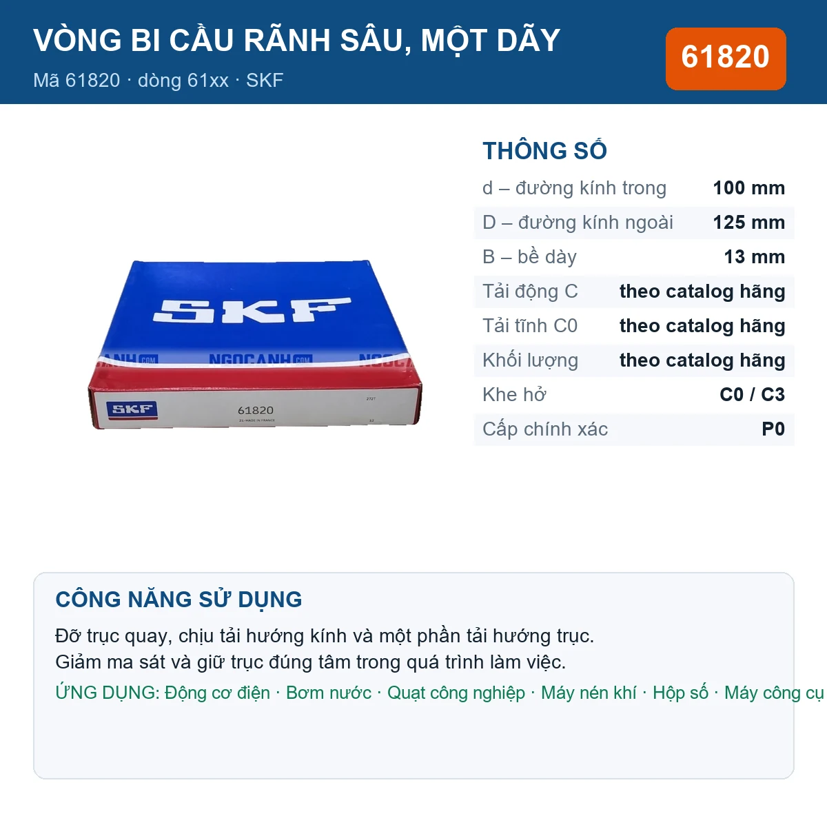 Vòng bi SKF 61820 — kích thước 100x125x13mm
