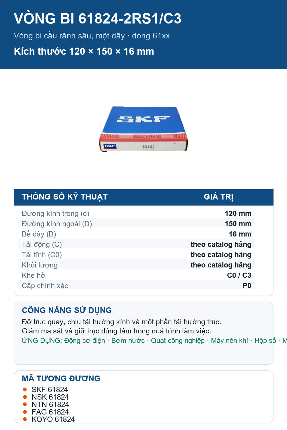 Vòng bi SKF 61824-2RS1/C3 120x150x16mm — Ảnh thông số (Pinterest)