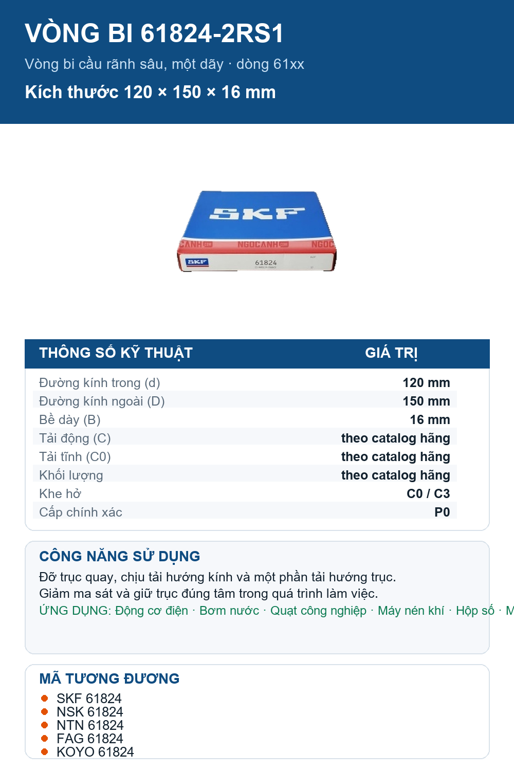 Vòng bi SKF 61824-2RS1 120x150x16mm — Ảnh thông số (Pinterest)