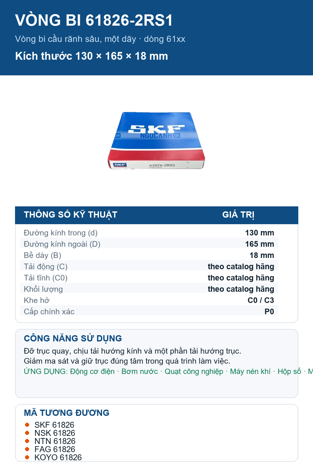 Vòng bi SKF 61826-2RS1 130x165x18mm — Ảnh thông số (Pinterest)