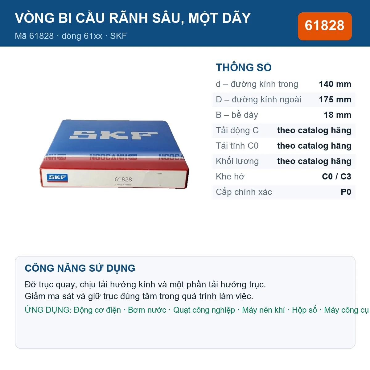 Vòng bi SKF 61828 — kích thước 140x175x18mm