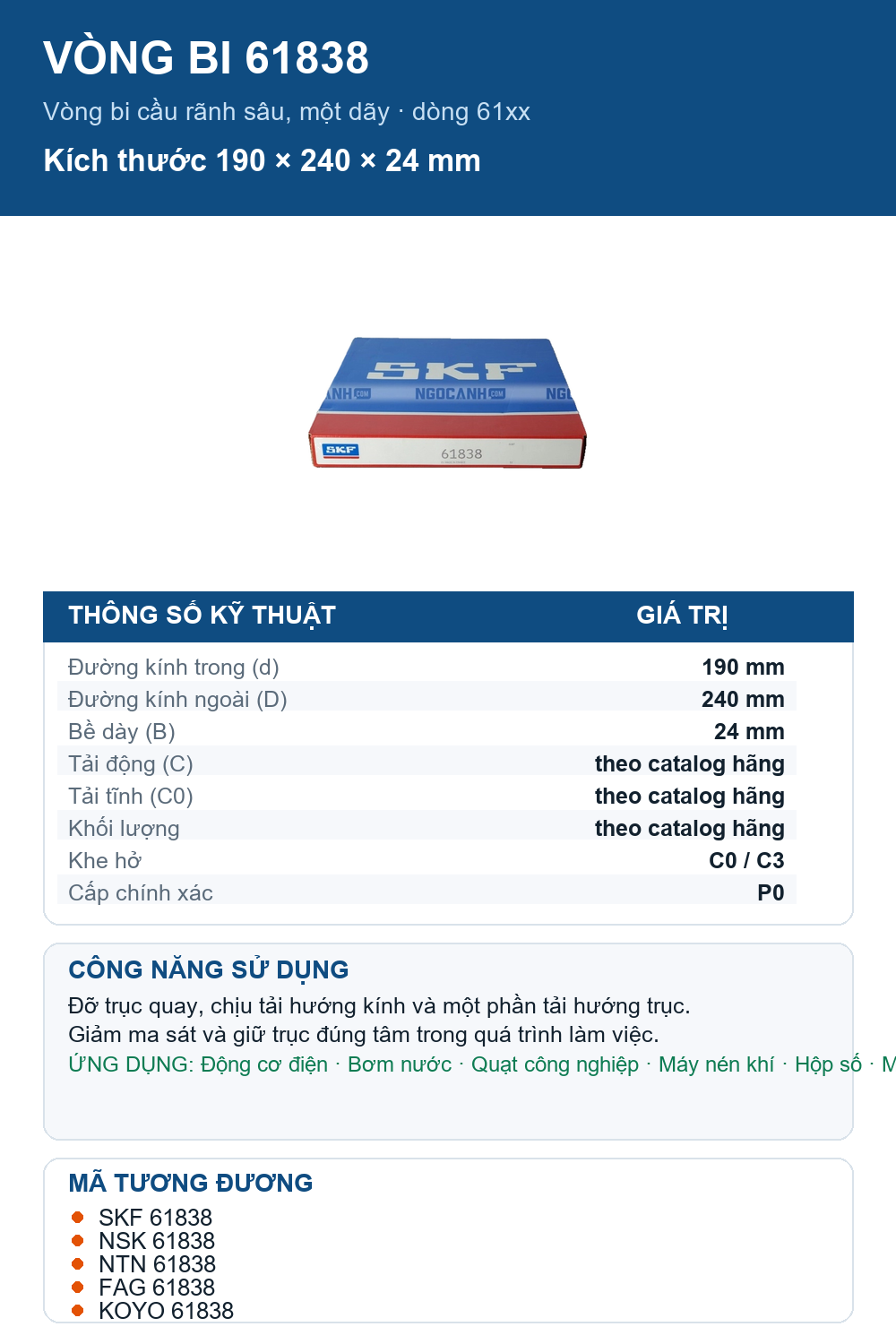 Vòng bi SKF 61838 190x240x24mm — Ảnh thông số (Pinterest)