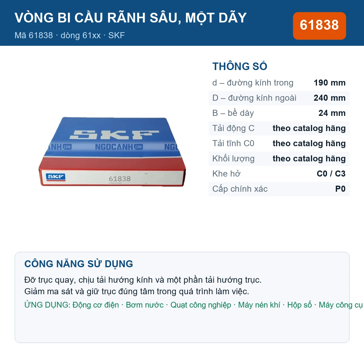 Vòng bi SKF 61838 — kích thước 190x240x24mm