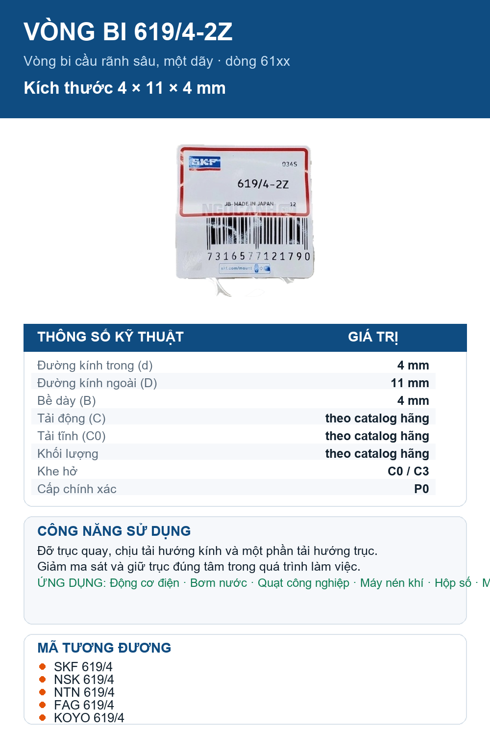 Vòng bi SKF 619/4-2Z 4x11x4mm — Ảnh thông số (Pinterest)