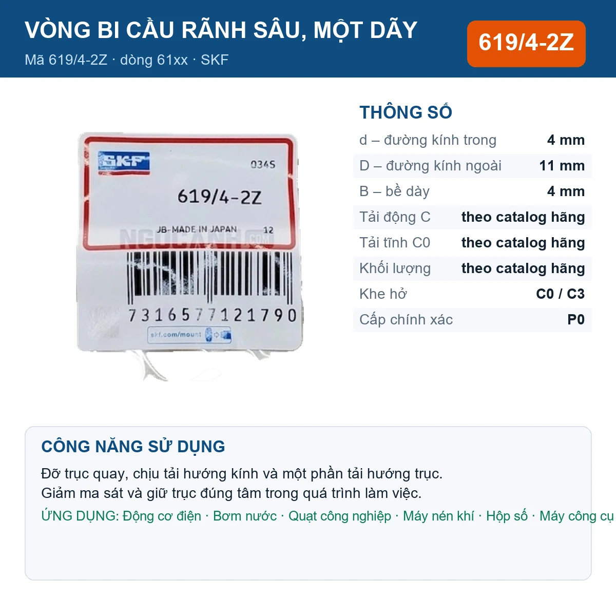 Vòng bi SKF 619/4-2Z — kích thước 4x11x4mm