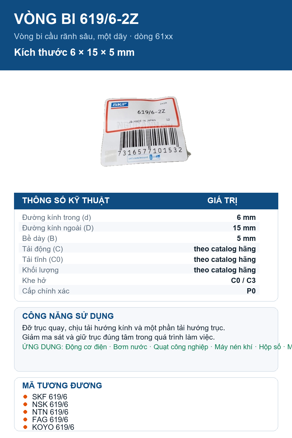 Vòng bi SKF 619/6-2Z 6x15x5mm — Ảnh thông số (Pinterest)
