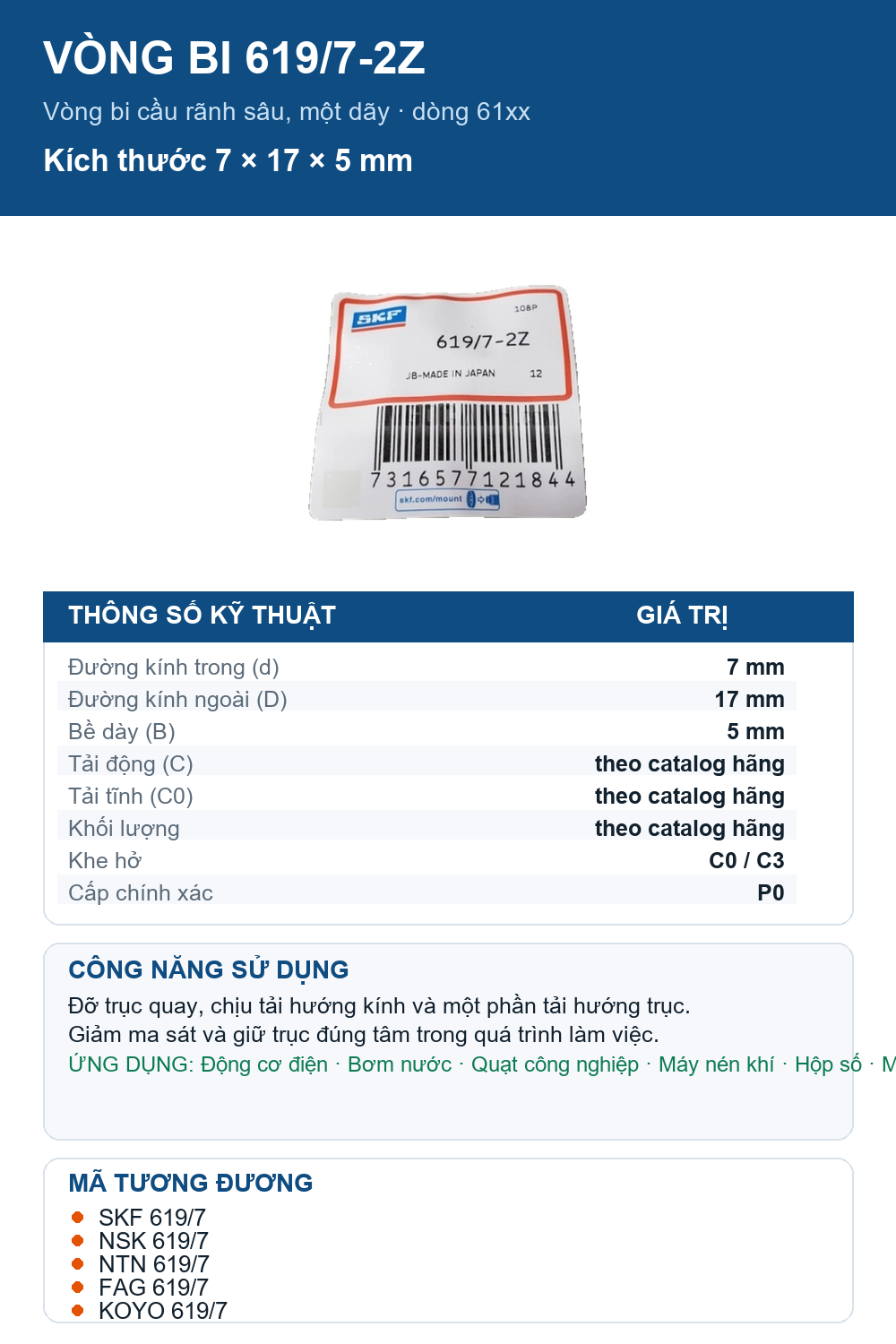 Vòng bi SKF 619/7-2Z 7x17x5mm — Ảnh thông số (Pinterest)