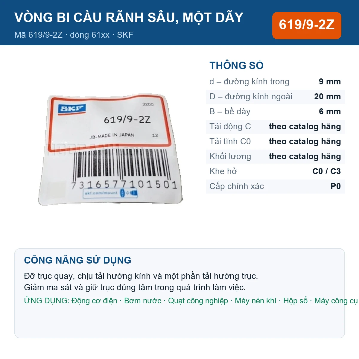 Vòng bi SKF 619/9-2Z — kích thước 9x20x6mm