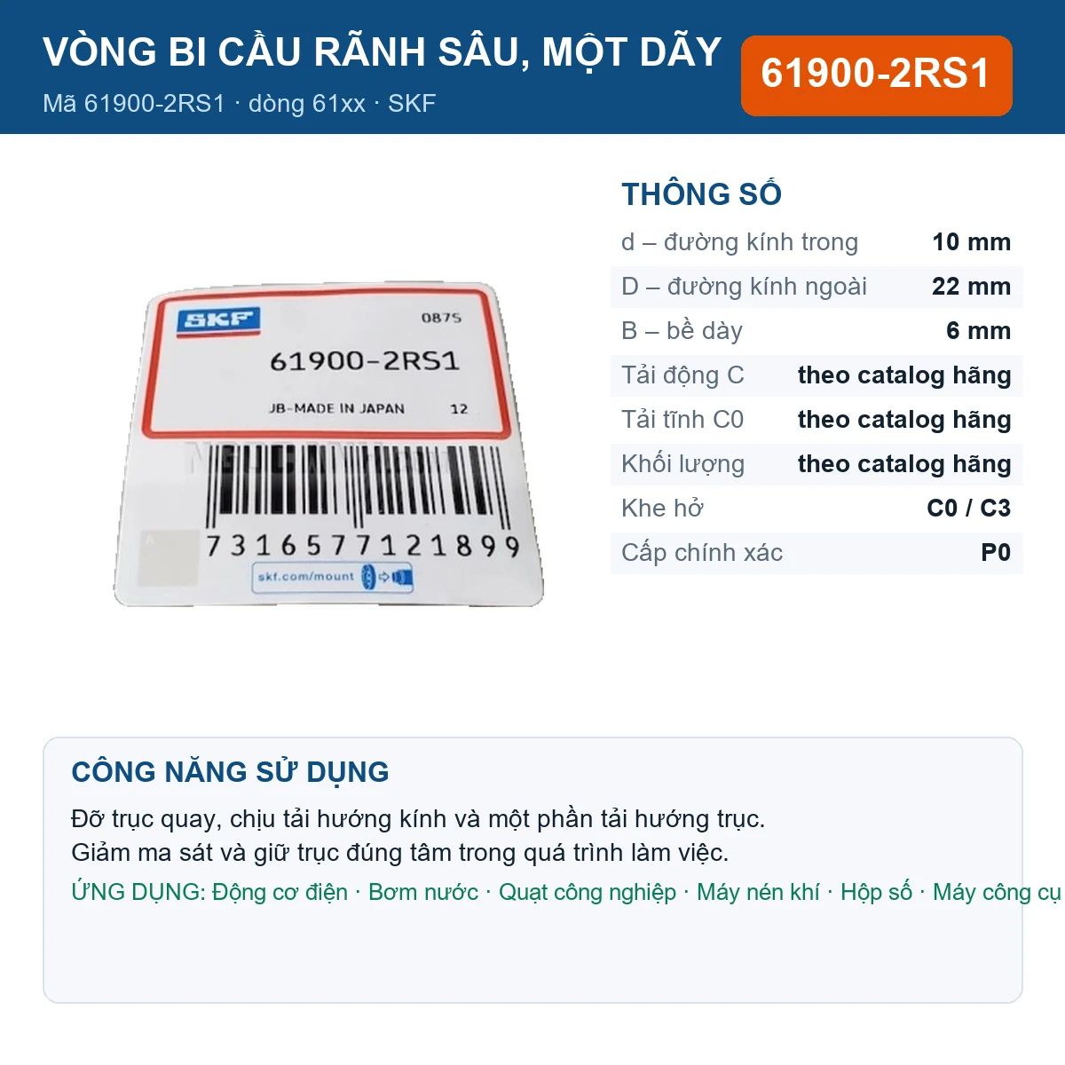 Vòng bi SKF 61900-2RS1 — kích thước 10x22x6mm