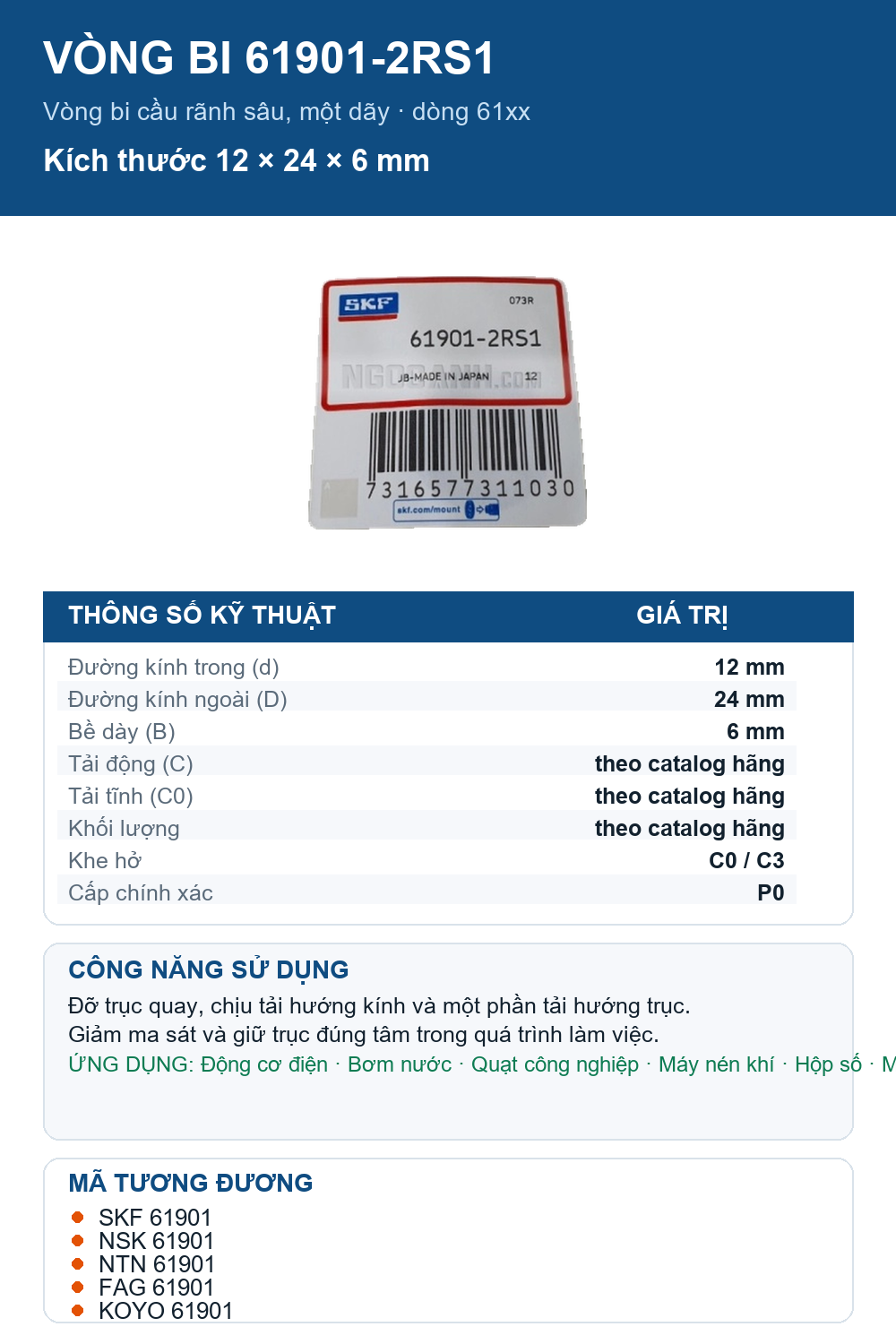 Vòng bi SKF 61901-2RS1 12x24x6mm — Ảnh thông số (Pinterest)