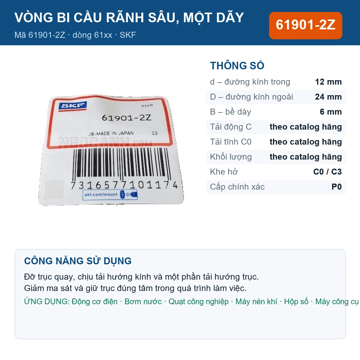 Vòng bi SKF 61901-2Z — kích thước 12x24x6mm