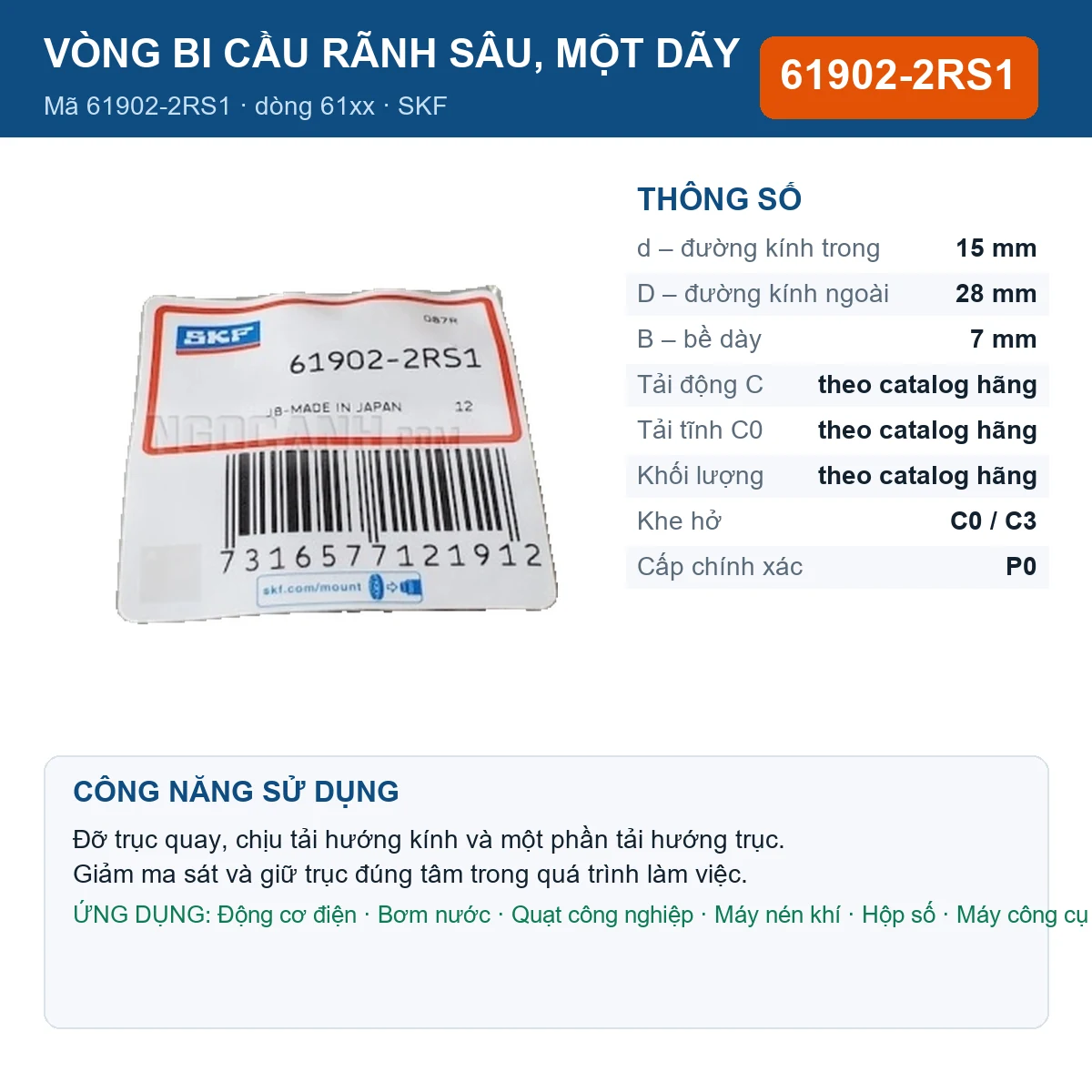 Vòng bi SKF 61902-2RS1 — kích thước 15x28x7mm