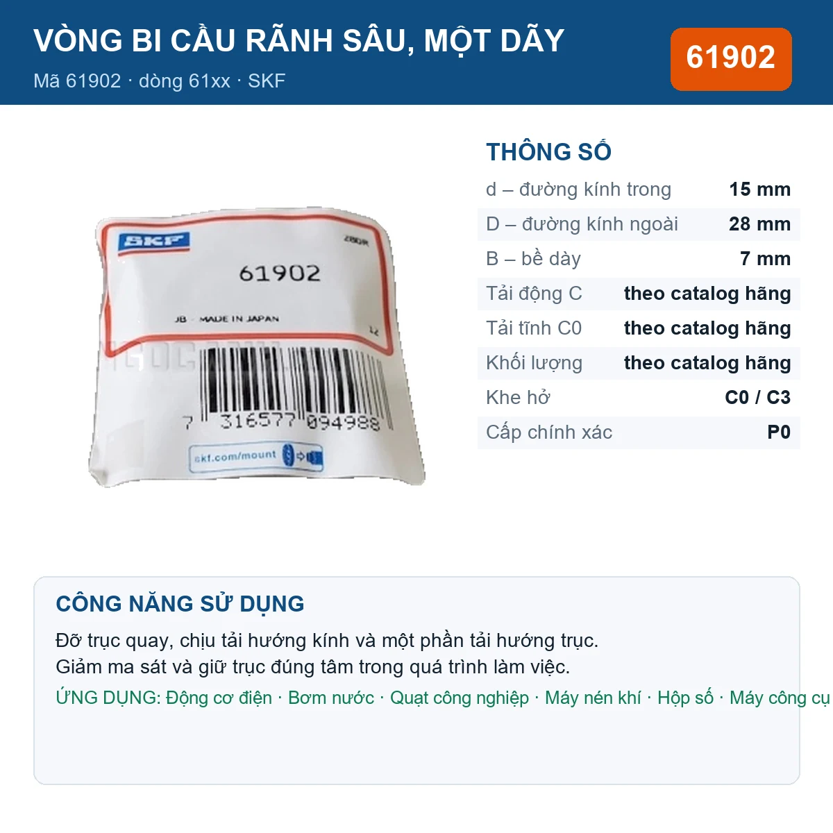 Vòng bi SKF 61902 — kích thước 15x28x7mm
