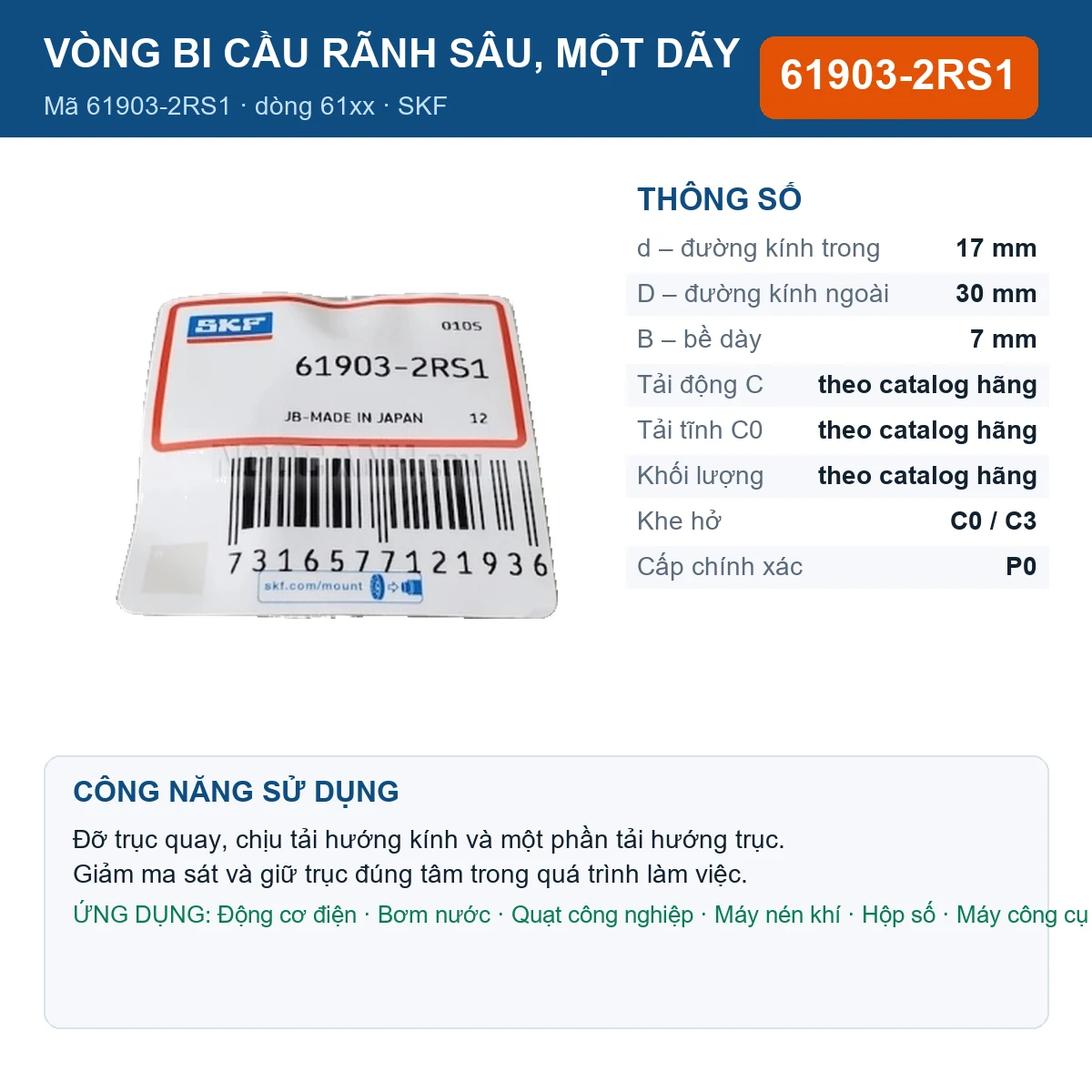 Vòng bi SKF 61903-2RS1 — kích thước 17x30x7mm