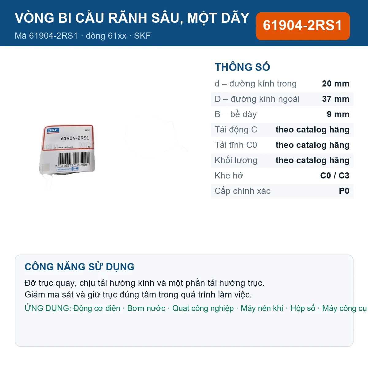 Vòng bi SKF 61904-2RS1 — kích thước 20x37x9mm