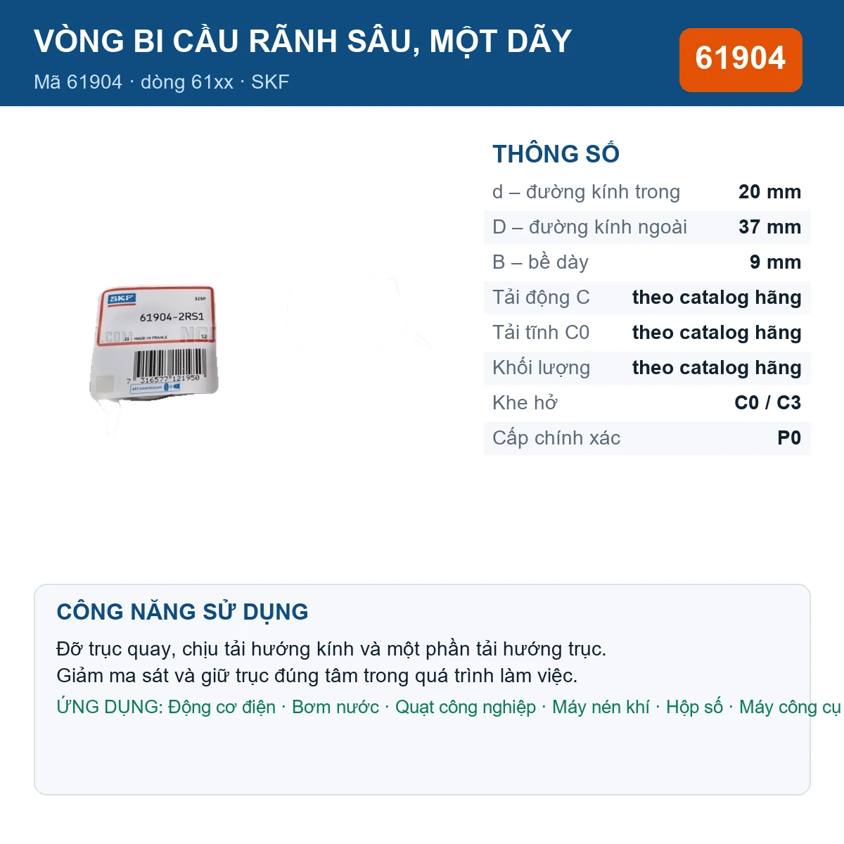 Vòng bi SKF 61904 — kích thước 20x37x9mm