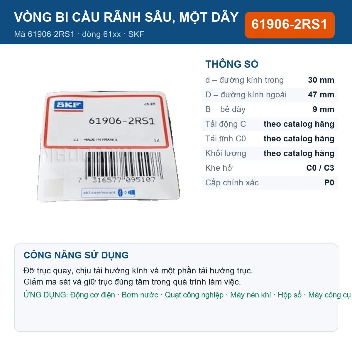 Vòng bi SKF 61906-2RS1 — kích thước 30x47x9mm