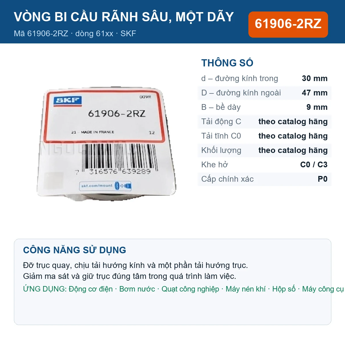 Vòng bi SKF 61906-2RZ — kích thước 30x47x9mm