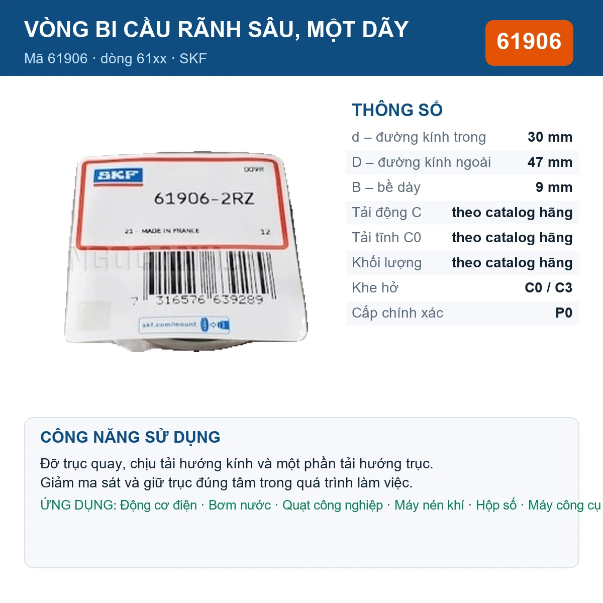 Vòng bi SKF 61906 — kích thước 30x47x9mm