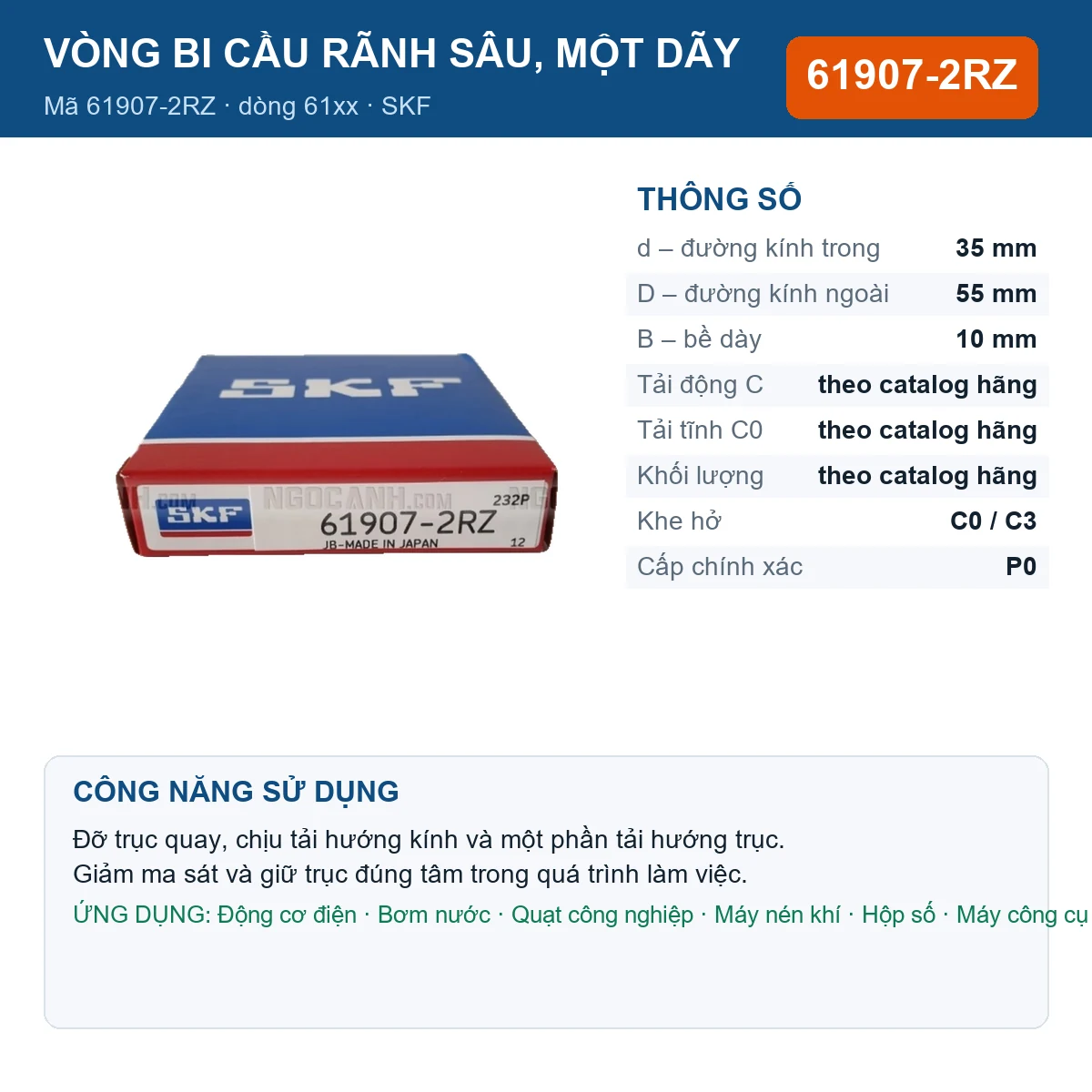 Vòng bi SKF 61907-2RZ — kích thước 35x55x10mm
