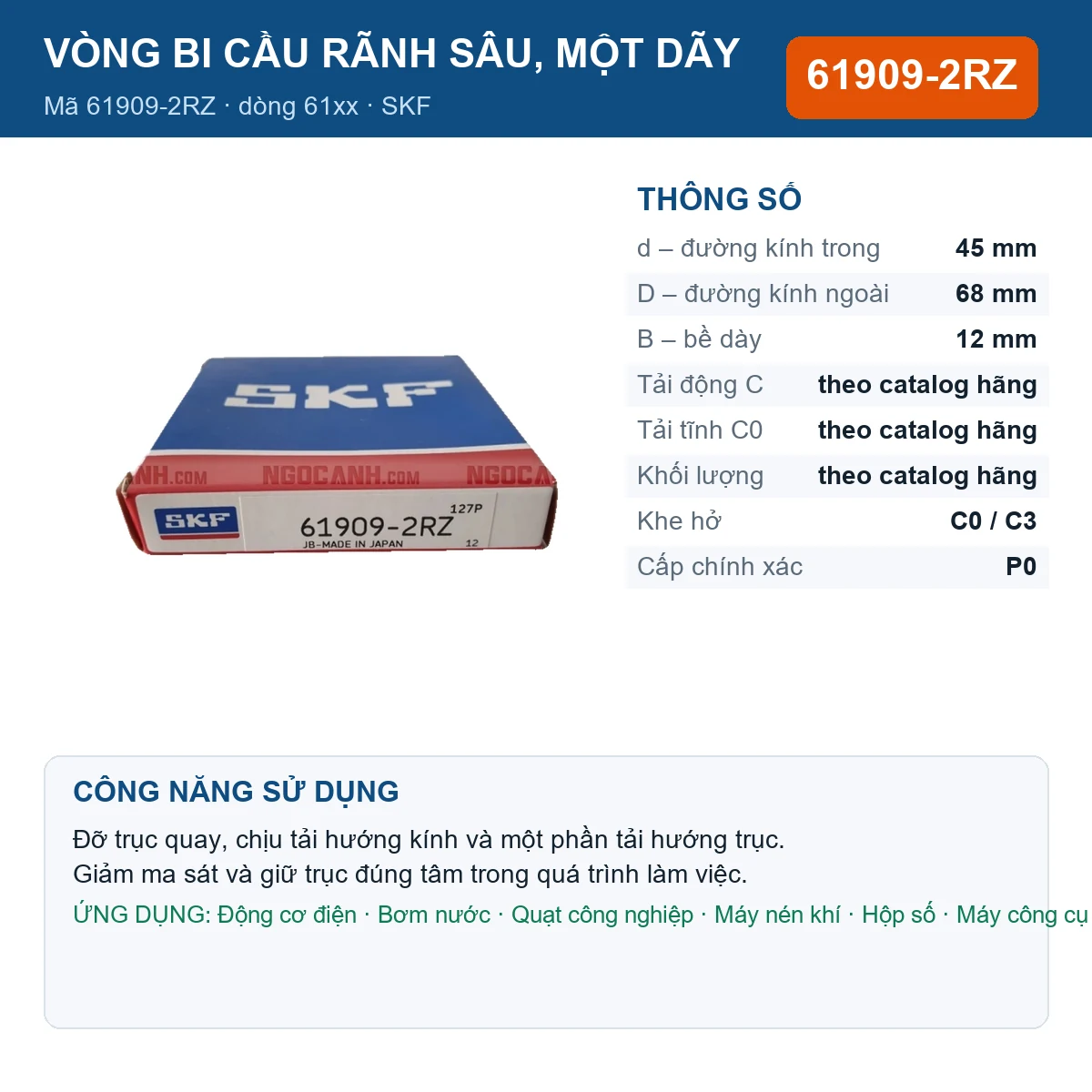Vòng bi SKF 61909-2RZ — kích thước 45x68x12mm