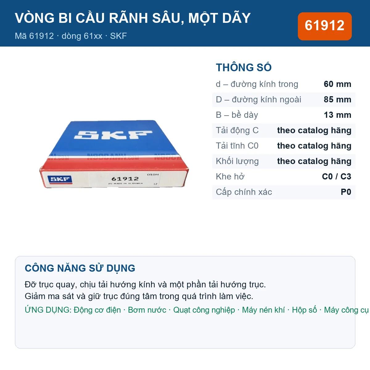 Vòng bi SKF 61912 — kích thước 60x85x13mm