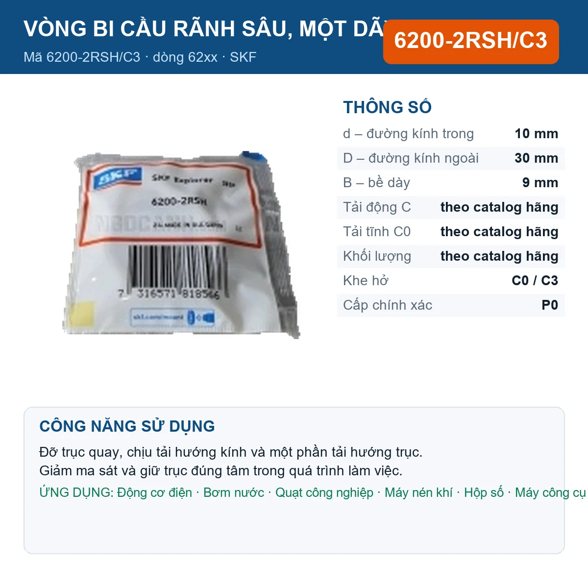 Vòng bi SKF 6200-2RSH/C3 — kích thước 10x30x9mm