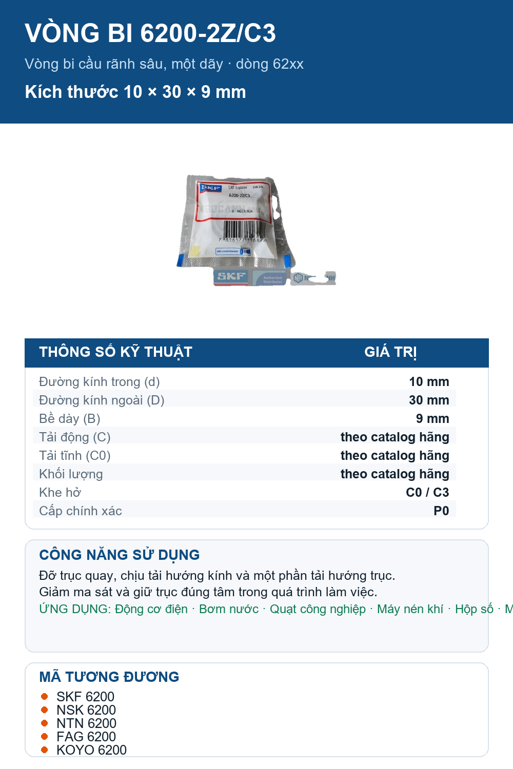 Vòng bi SKF 6200-2Z/C3 10x30x9mm — Ảnh thông số (Pinterest)