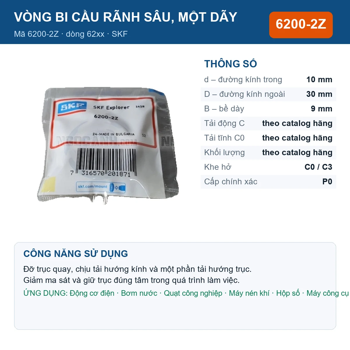 Vòng bi SKF 6200-2Z — kích thước 10x30x9mm