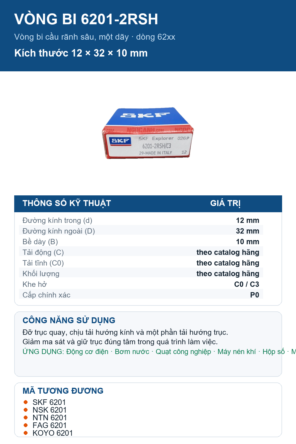 Vòng bi SKF 6201-2RSH 12x32x10mm — Ảnh thông số (Pinterest)