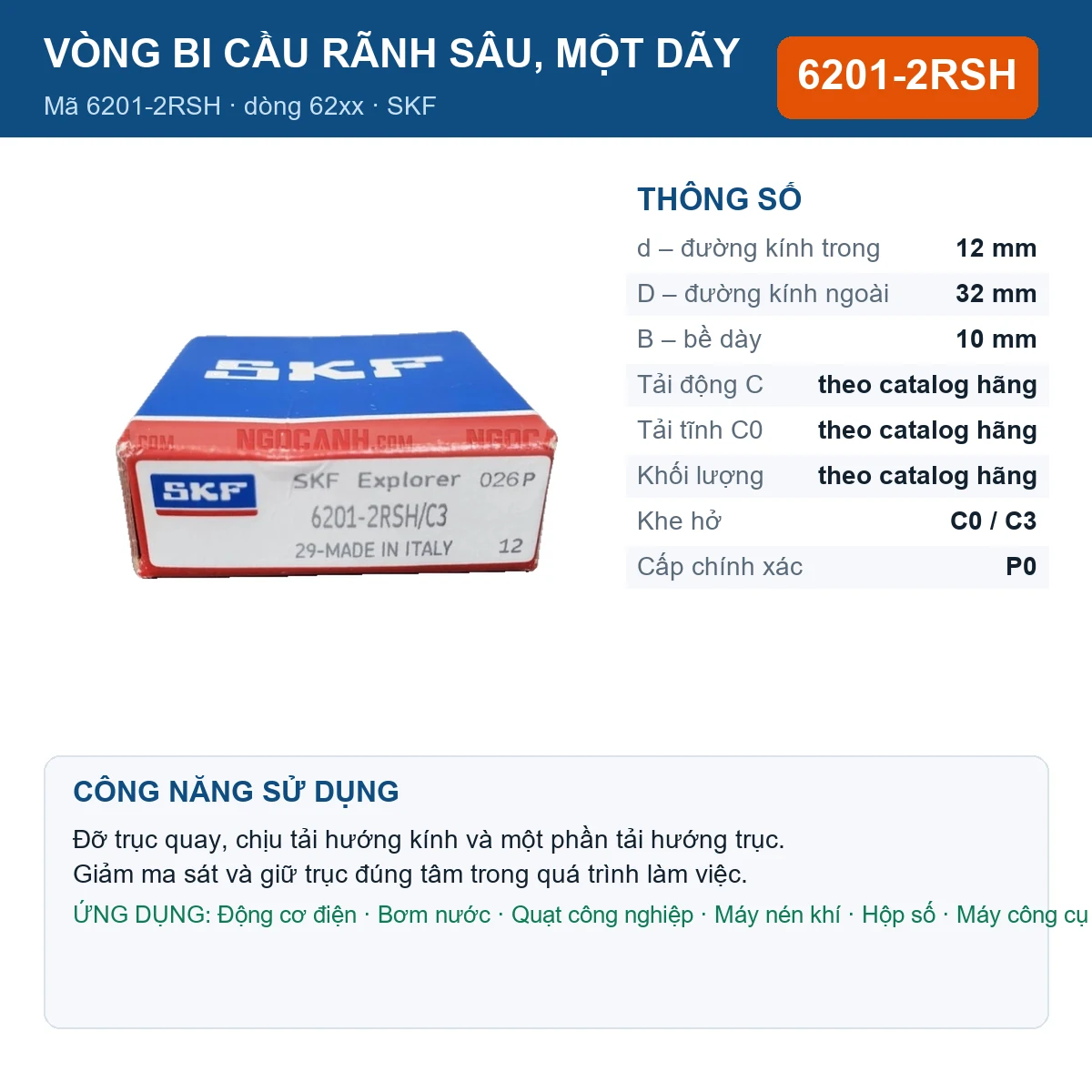 Vòng bi SKF 6201-2RSH — kích thước 12x32x10mm