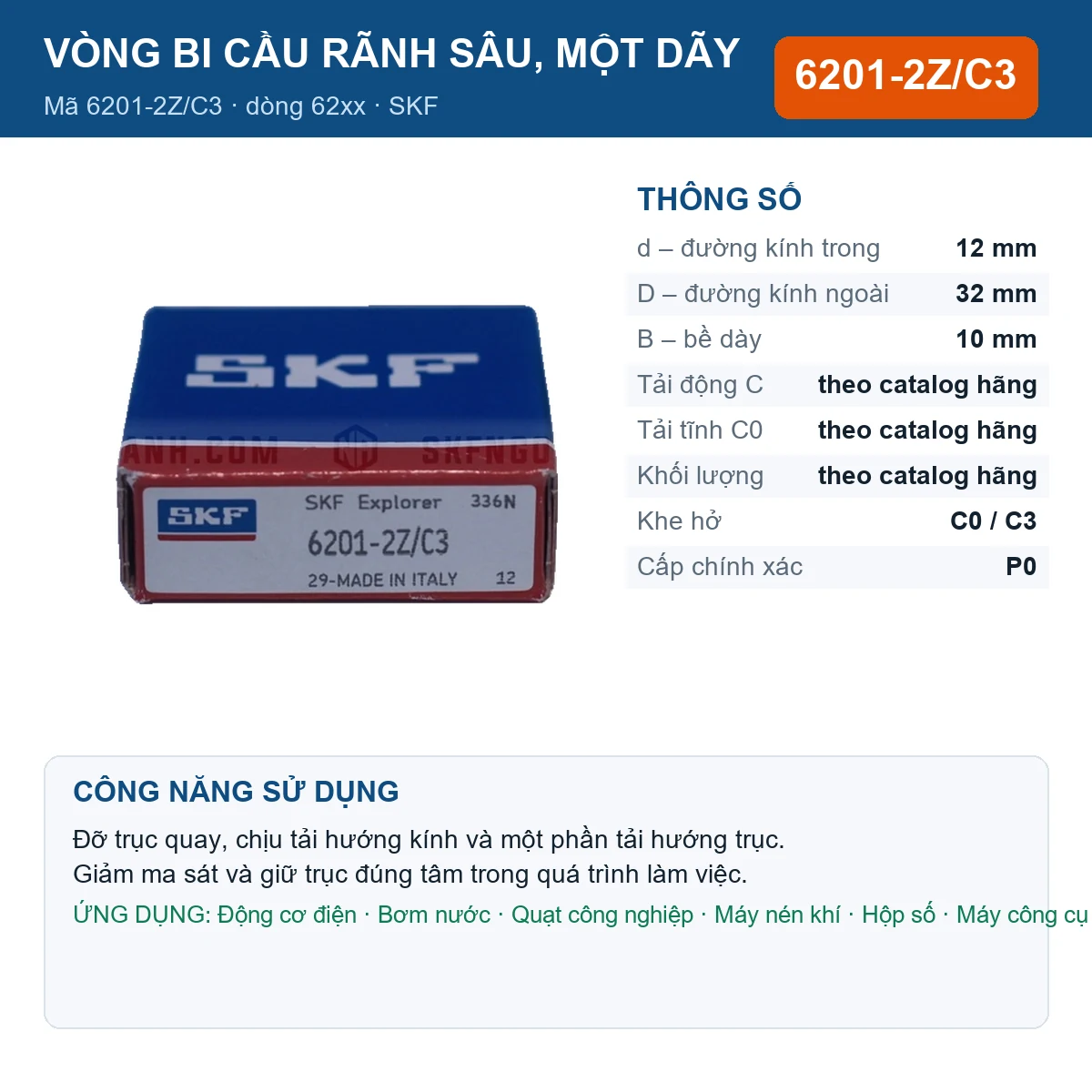 Vòng bi SKF 6201-2Z/C3 — kích thước 12x32x10mm