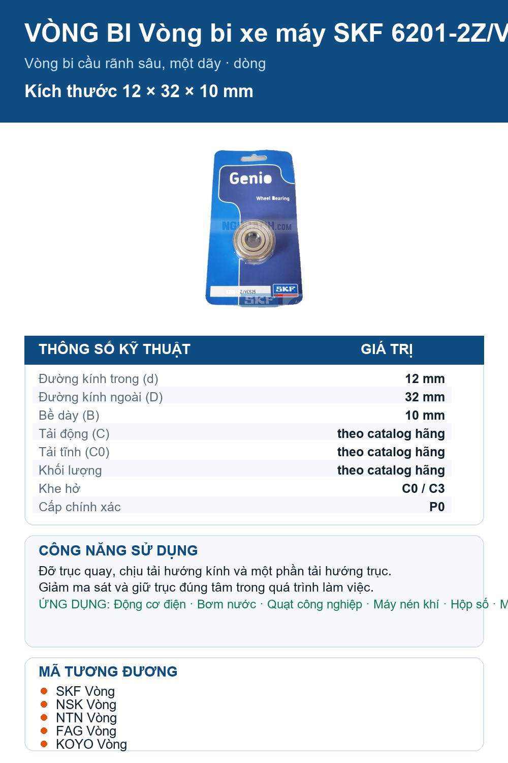 Vòng bi SKF 6201-2Z/VC525 12x32x10mm — Ảnh thông số (Pinterest)