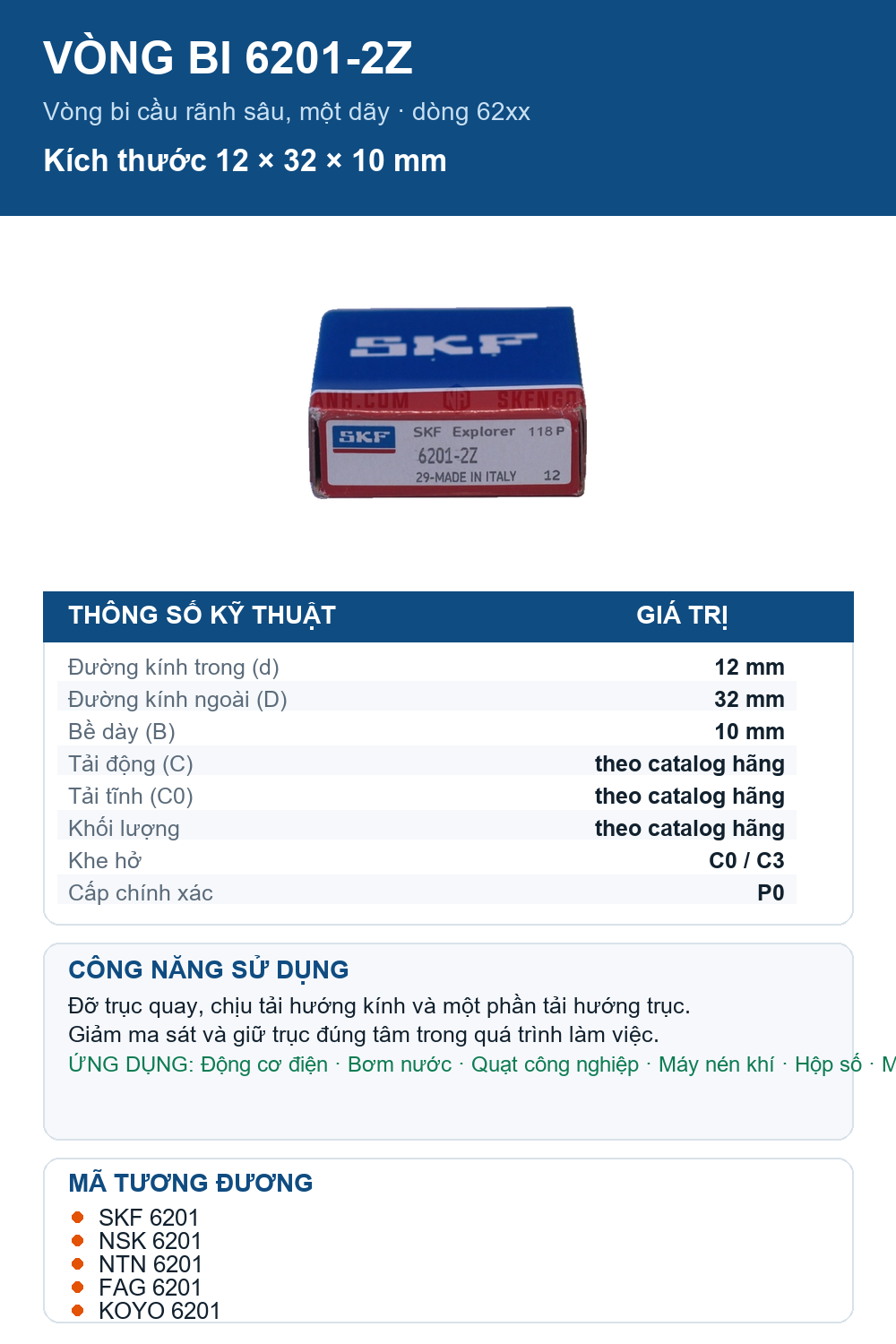 Vòng bi SKF 6201-2Z 12x32x10mm — Ảnh thông số (Pinterest)
