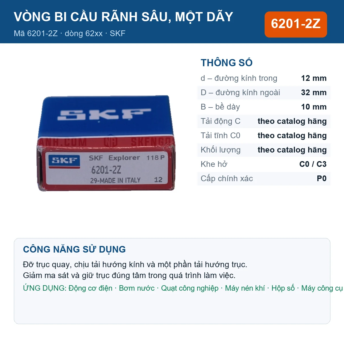 Vòng bi SKF 6201-2Z — kích thước 12x32x10mm